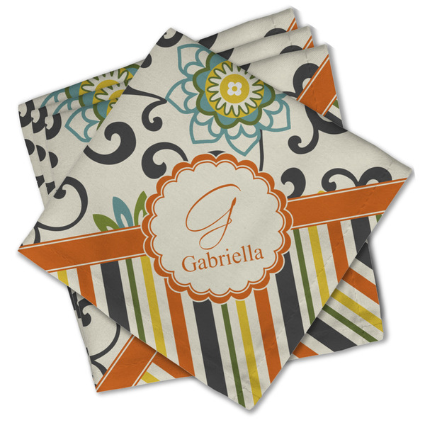 Custom Swirls, Floral & Stripes Cloth Cocktail Napkins - Set of 4 w/ Name and Initial