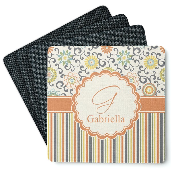 Custom Swirls, Floral & Stripes Square Rubber Backed Coasters - Set of 4 (Personalized)