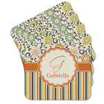 Swirls, Floral & Stripes Cork Coaster - Set of 4 w/ Name and Initial