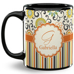 Swirls, Floral & Stripes 11 Oz Coffee Mug - Black (Personalized)