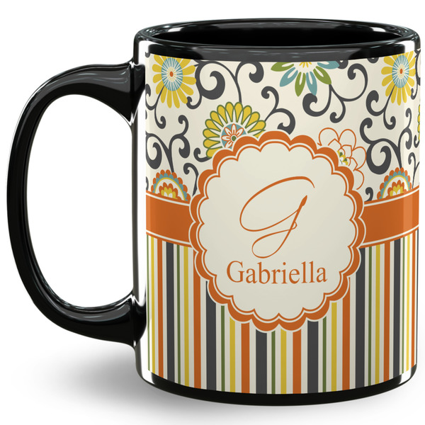 Custom Swirls, Floral & Stripes 11 Oz Coffee Mug - Black (Personalized)