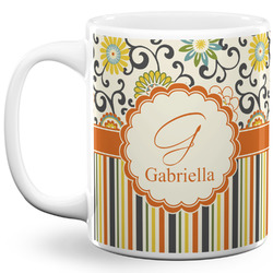 Swirls, Floral & Stripes 11 Oz Coffee Mug - White (Personalized)