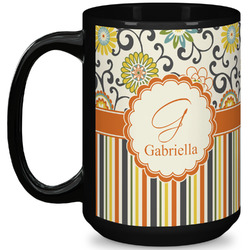 Swirls, Floral & Stripes 15 Oz Coffee Mug - Black (Personalized)
