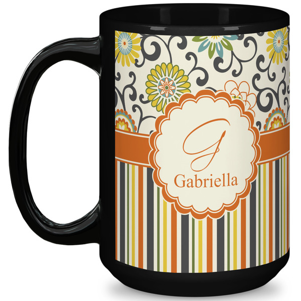 Custom Swirls, Floral & Stripes 15 Oz Coffee Mug - Black (Personalized)