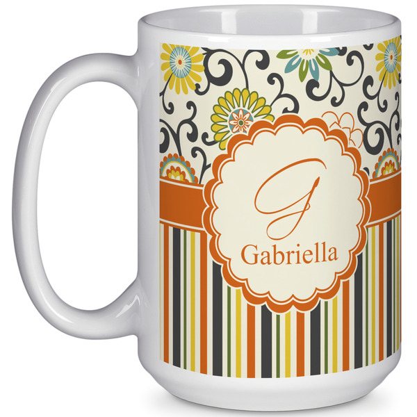 Custom Swirls, Floral & Stripes 15 Oz Coffee Mug - White (Personalized)