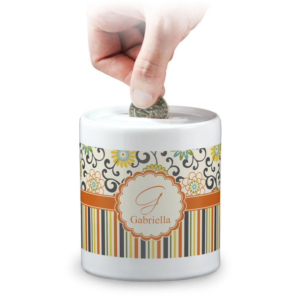 Custom Swirls, Floral & Stripes Coin Bank (Personalized)