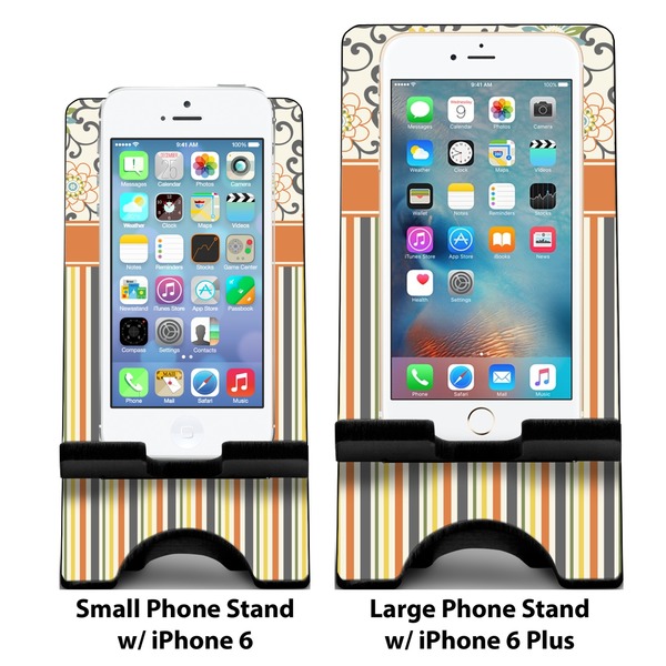 Swirls, Floral & Stripes Compare Phone Stand Sizes - with iPhones