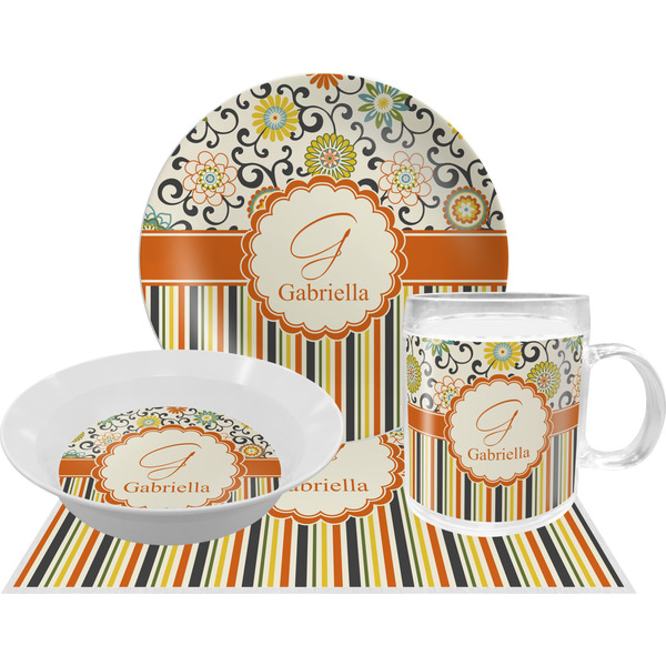 Custom Swirls, Floral & Stripes Dinner Set - Single 4 Pc Setting w/ Name and Initial