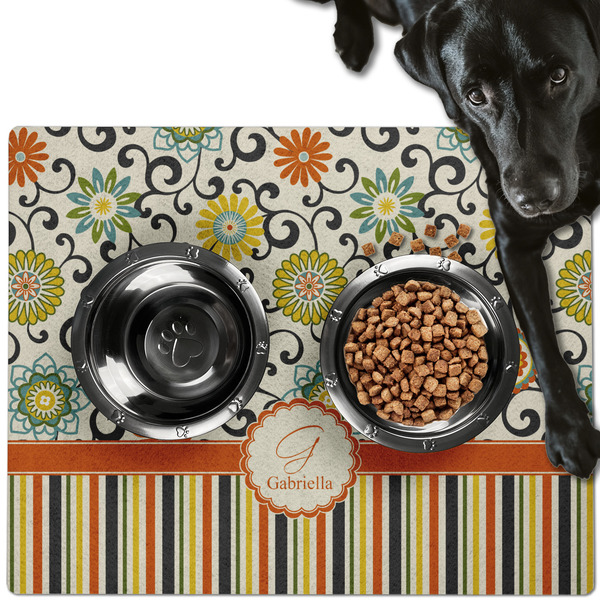 Custom Swirls, Floral & Stripes Dog Food Mat - Large w/ Name and Initial