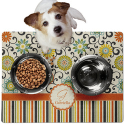 Swirls, Floral & Stripes Dog Food Mat - Medium w/ Name and Initial