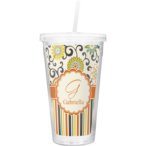 Custom Swirls, Floral & Stripes Double Wall Tumbler with Straw (Personalized)