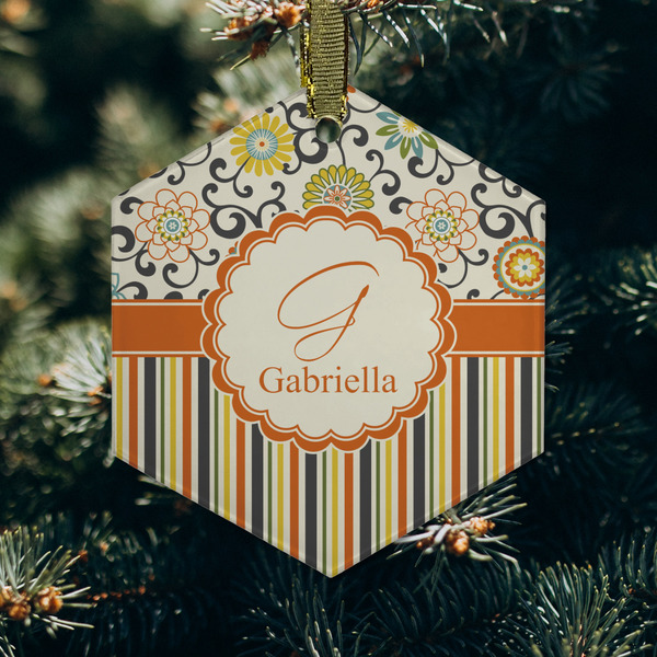Swirls, Floral & Stripes Frosted Glass Ornament - Hexagon (Lifestyle)