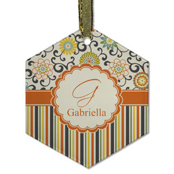 Swirls, Floral & Stripes Flat Glass Ornament - Hexagon w/ Name and Initial
