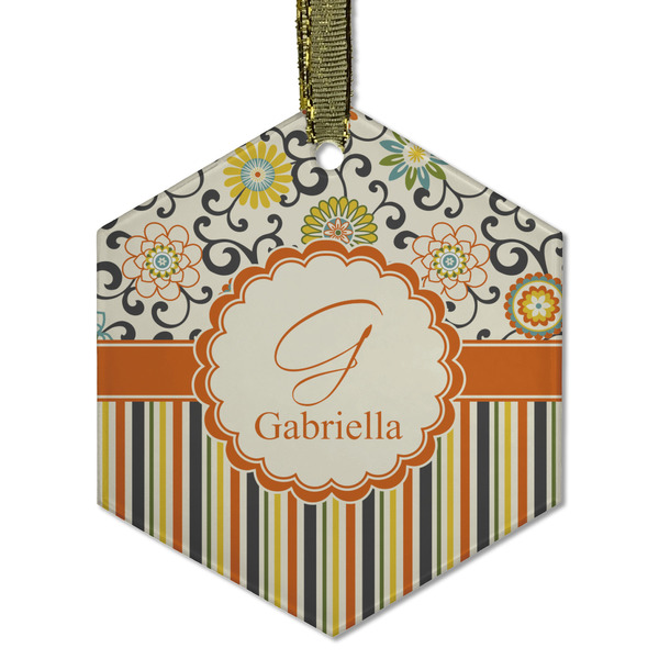 Custom Swirls, Floral & Stripes Flat Glass Ornament - Hexagon w/ Name and Initial