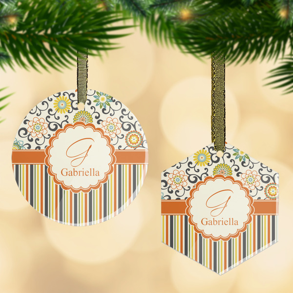 Custom Swirls, Floral & Stripes Flat Glass Ornament w/ Name and Initial