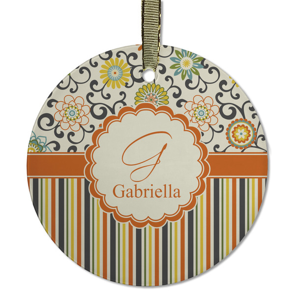 Custom Swirls, Floral & Stripes Flat Glass Ornament - Round w/ Name and Initial