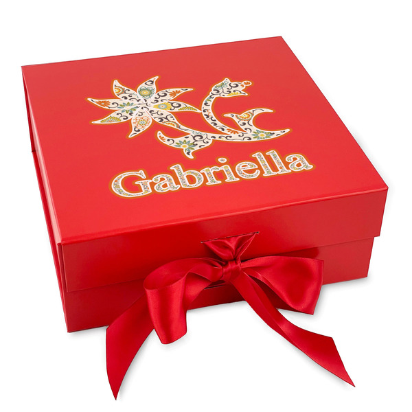 Custom Swirls, Floral & Stripes Gift Box with Magnetic Lid - Red (Personalized)