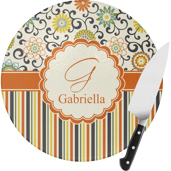 Custom Swirls, Floral & Stripes Round Glass Cutting Board (Personalized)