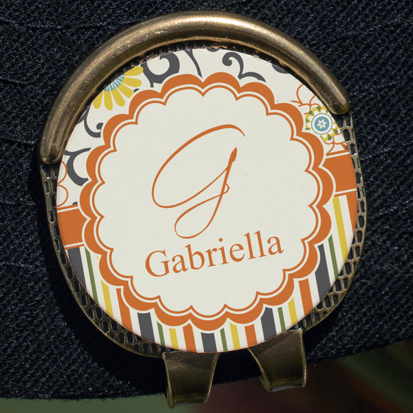 Swirls, Floral & Stripes Golf Ball Marker Hat Clip - Gold - Close Up