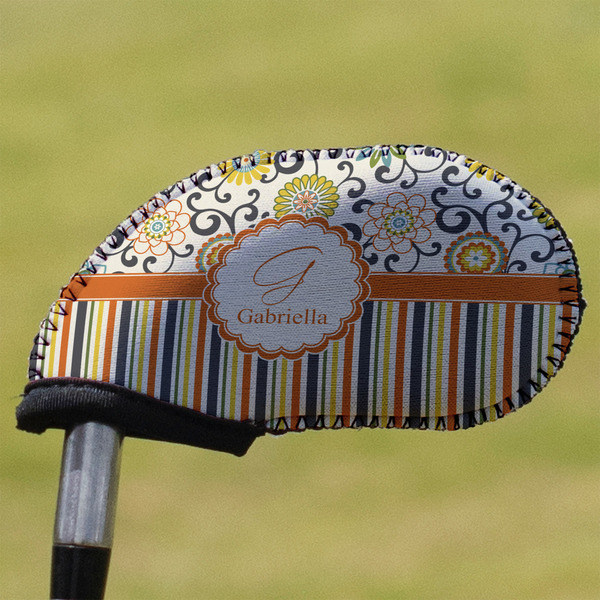 Custom Swirls, Floral & Stripes Golf Club Iron Cover (Personalized)