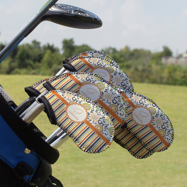 Custom Swirls, Floral & Stripes Golf Club Iron Cover - Set of 9 (Personalized)
