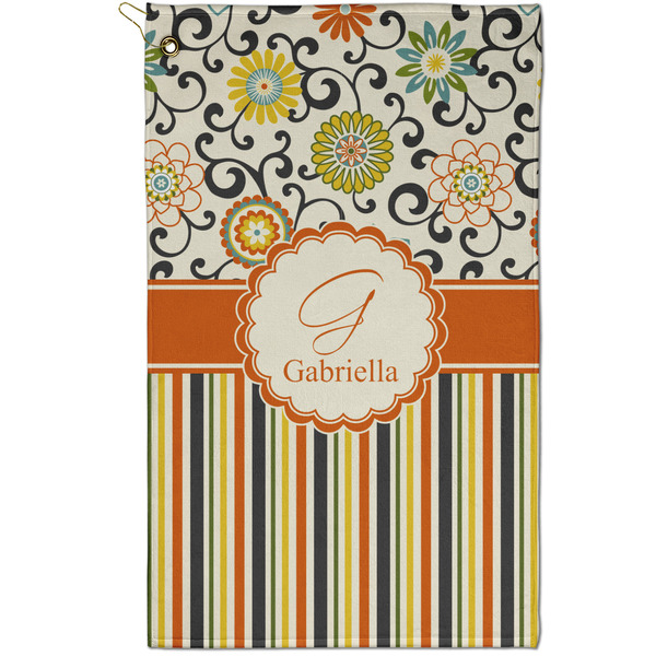 Custom Swirls, Floral & Stripes Golf Towel - Poly-Cotton Blend - Small w/ Name and Initial