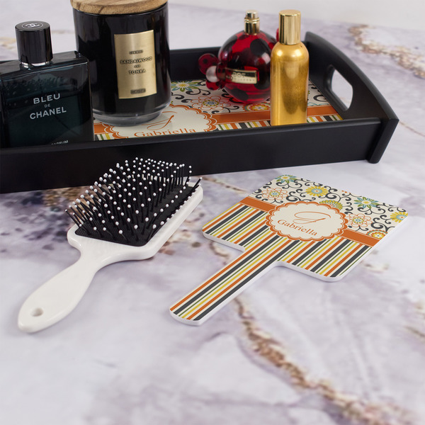 Swirls, Floral & Stripes Hand Mirror - With Hair Brush