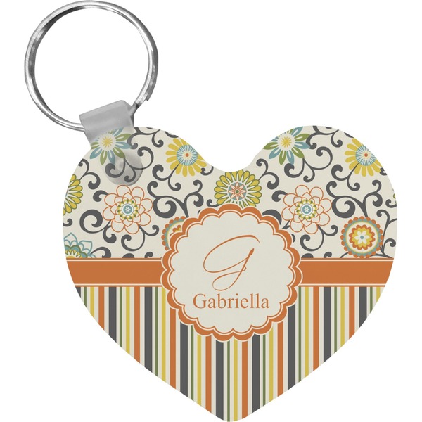 Custom Swirls, Floral & Stripes Heart Plastic Keychain w/ Name and Initial