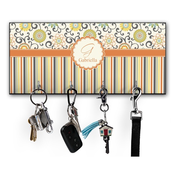 Custom Swirls, Floral & Stripes Key Hanger w/ 4 Hooks w/ Name and Initial