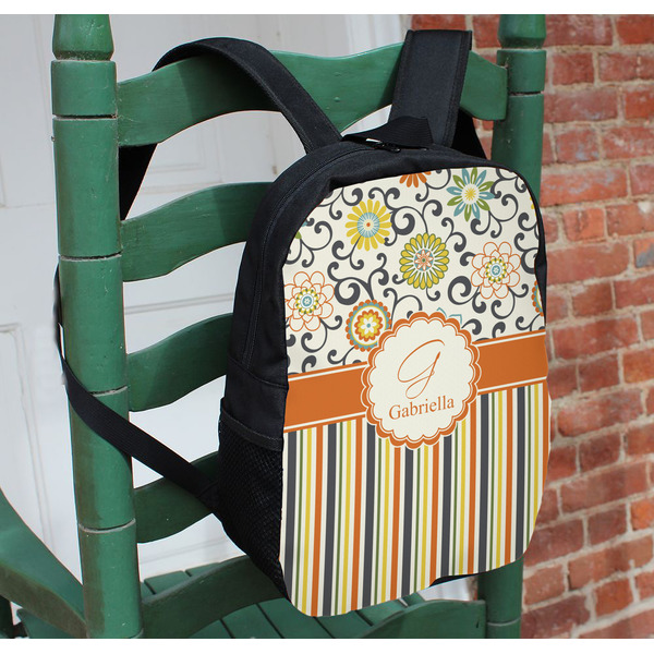 Swirls, Floral & Stripes Kids Backpack - In Context