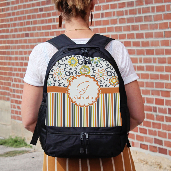 Swirls, Floral & Stripes Large Backpack - Black - On Back