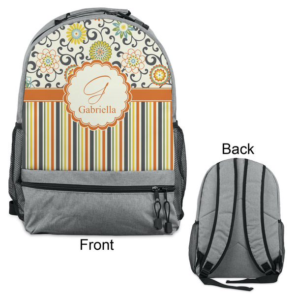 Swirls, Floral & Stripes Large Backpack - Gray - Front & Back View