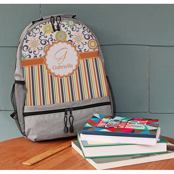 Swirls, Floral & Stripes Large Backpack - Gray - On Desk