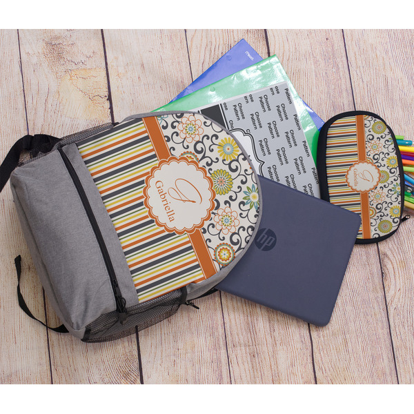 Swirls, Floral & Stripes Large Backpack - Gray - With Stuff