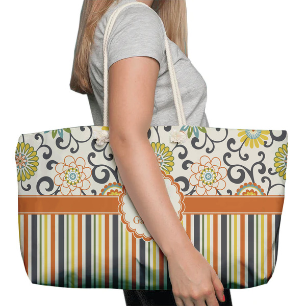 Swirls, Floral & Stripes Large Rope Tote Bag - In Context View
