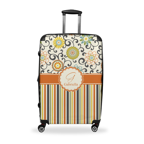 Custom Swirls, Floral & Stripes Suitcase - 28" Large - Checked w/ Name and Initial