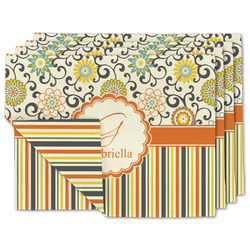 Swirls, Floral & Stripes Double-Sided Linen Placemat - Set of 4 w/ Name and Initial