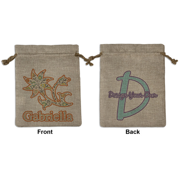 Custom Swirls, Floral & Stripes Medium Burlap Gift Bag - Front & Back (Personalized)