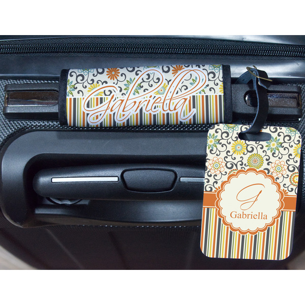 Swirls, Floral & Stripes Metal Luggage Tag & Handle Wrap - In Context
