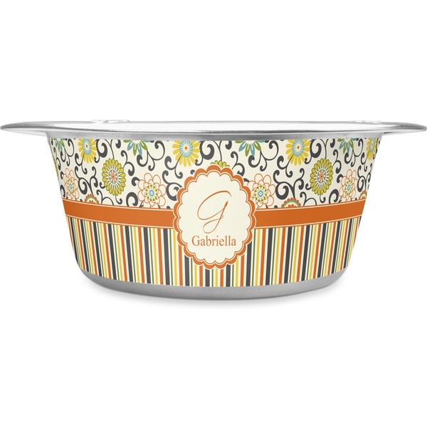 Custom Swirls, Floral & Stripes Stainless Steel Dog Bowl - Large (Personalized)