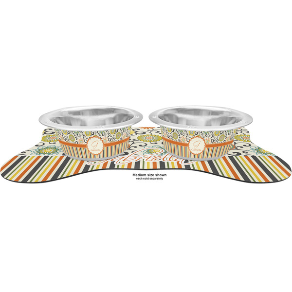 Swirls, Floral & Stripes Metal Pet Bowls - On Dog Bone Shaped Mat