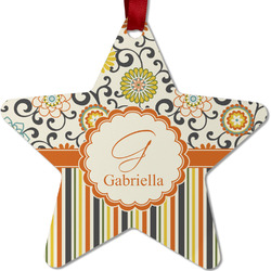 Swirls, Floral & Stripes Metal Star Ornament - Double Sided w/ Name and Initial