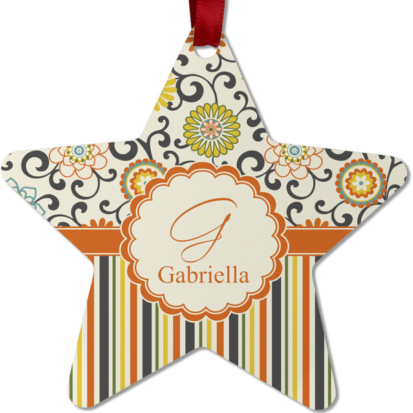 Custom Swirls, Floral & Stripes Metal Star Ornament - Double Sided w/ Name and Initial