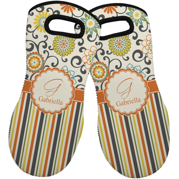 Custom Swirls, Floral & Stripes Neoprene Oven Mitts - Set of 2 w/ Name and Initial