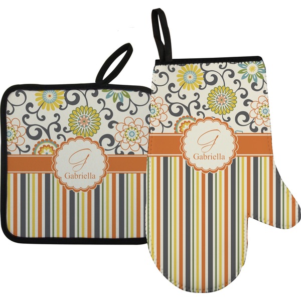 Custom Swirls, Floral & Stripes Right Oven Mitt & Pot Holder Set w/ Name and Initial