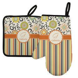 Swirls, Floral & Stripes Left Oven Mitt & Pot Holder Set w/ Name and Initial