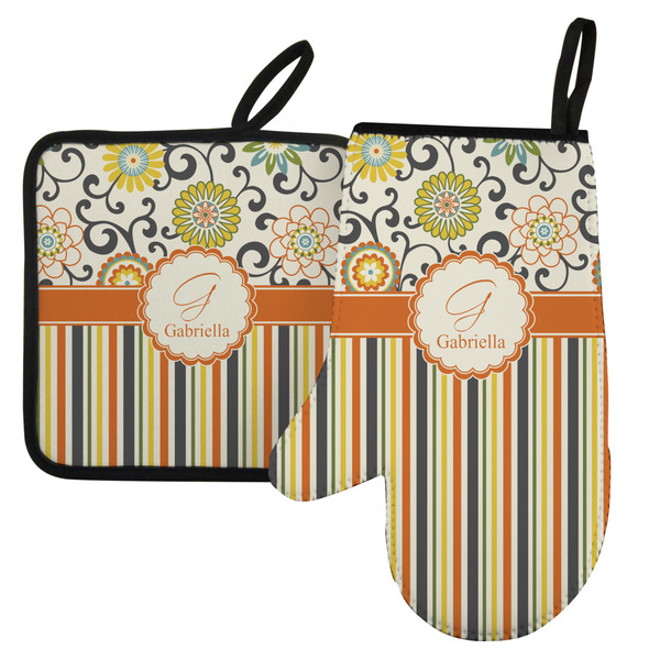 Custom Swirls, Floral & Stripes Left Oven Mitt & Pot Holder Set w/ Name and Initial