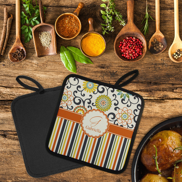 Swirls, Floral & Stripes Neoprene Pot Holder - Set of 2  LIFESTYLE (Flatlay)