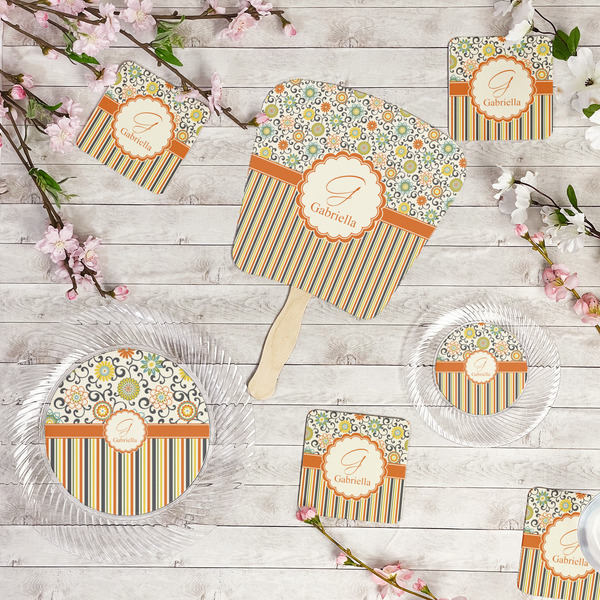 Swirls, Floral & Stripes Party Supplies Combination Image - All items - Plates, Coasters, Fans