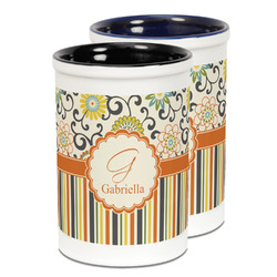 Swirls, Floral & Stripes Ceramic Pencil Holder - Large